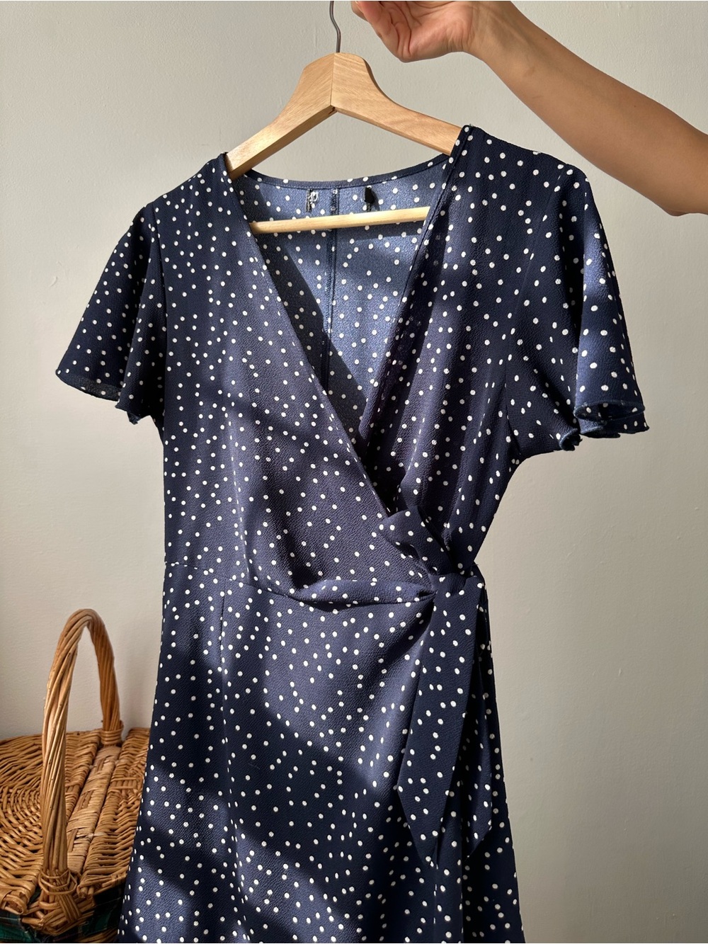 Navy blue polka dot wrap dress with ruffle hem
Size small - Picture 3 of 4